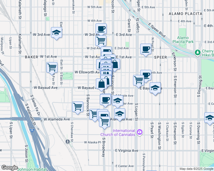 map of restaurants, bars, coffee shops, grocery stores, and more near 55 South Lincoln Street in Denver