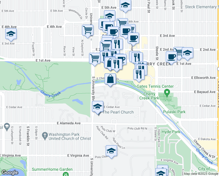 map of restaurants, bars, coffee shops, grocery stores, and more near 2500 Cherry Creek South Drive in Glendale