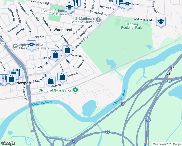 map of restaurants, bars, coffee shops, grocery stores, and more near 417 Forest Drive in Wilmington