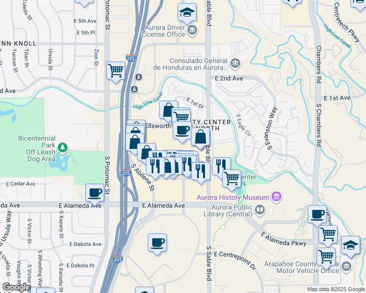 map of restaurants, bars, coffee shops, grocery stores, and more near 14200 East Ellsworth Avenue in Aurora