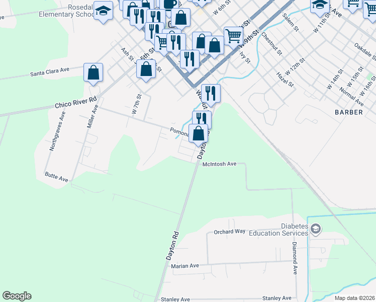 map of restaurants, bars, coffee shops, grocery stores, and more near 1022 Poppy Street in Chico