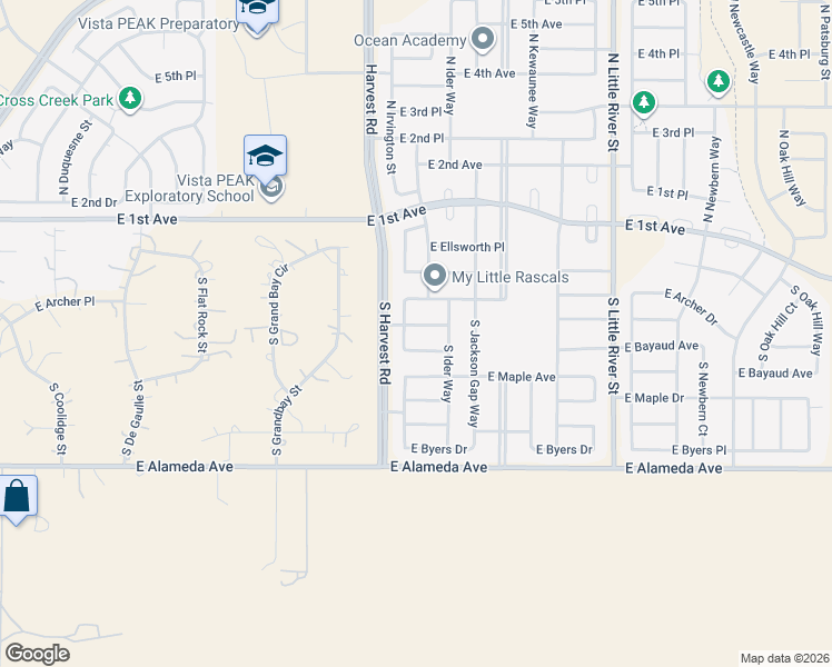 map of restaurants, bars, coffee shops, grocery stores, and more near 25064 East Archer Place in Aurora
