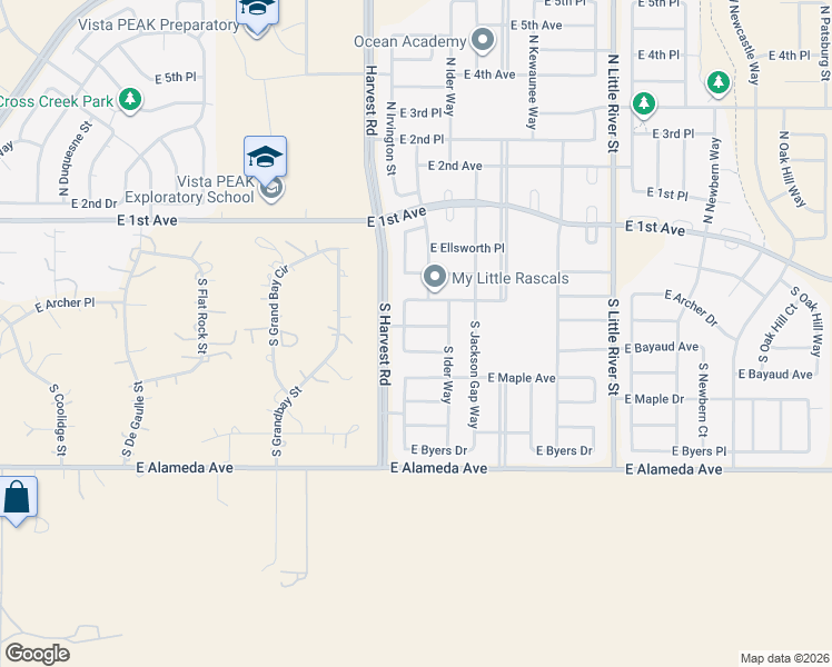 map of restaurants, bars, coffee shops, grocery stores, and more near 25043 East Archer Place in Aurora