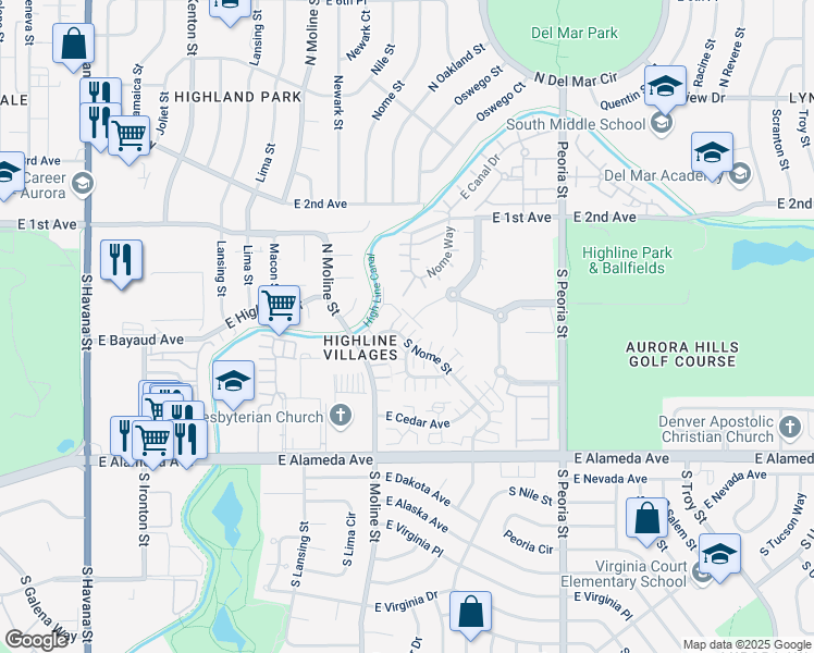 map of restaurants, bars, coffee shops, grocery stores, and more near 19 Oakland Street in Aurora