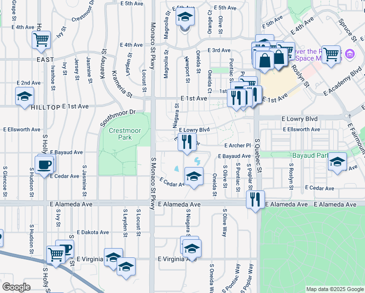 map of restaurants, bars, coffee shops, grocery stores, and more near 6807 East Archer Drive in Denver
