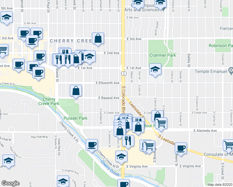 map of restaurants, bars, coffee shops, grocery stores, and more near 33 South Harrison Street in Denver