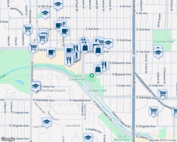 map of restaurants, bars, coffee shops, grocery stores, and more near in Denver