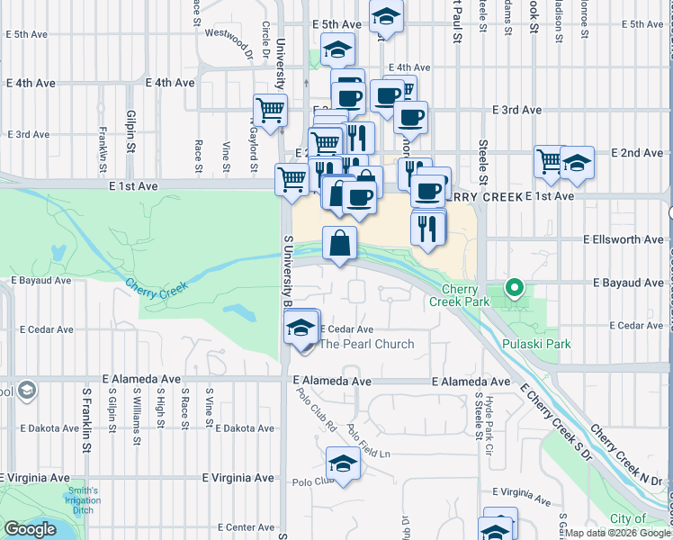 map of restaurants, bars, coffee shops, grocery stores, and more near 2500 Cherry Creek South Drive in Glendale