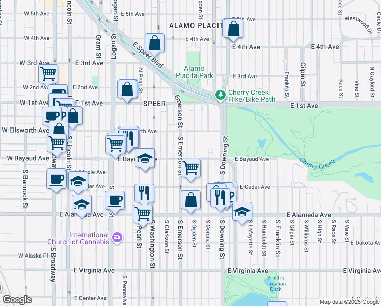 map of restaurants, bars, coffee shops, grocery stores, and more near 51 South Ogden Street in Denver
