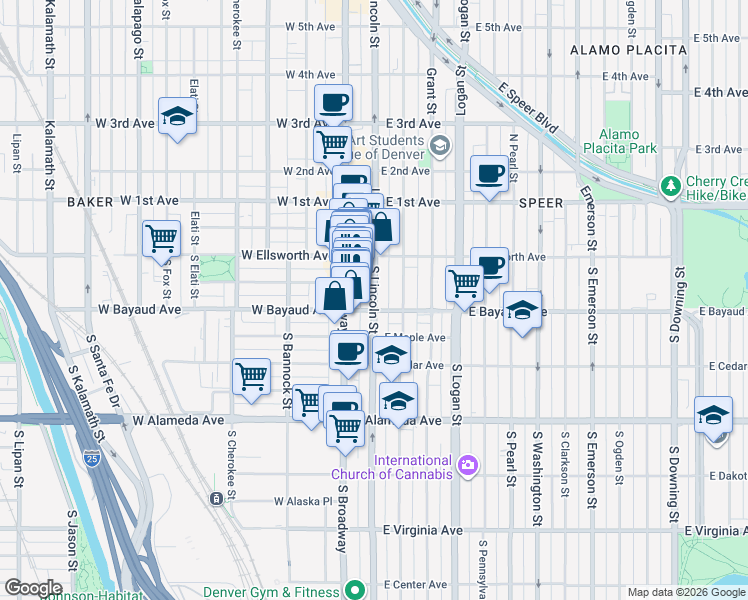 map of restaurants, bars, coffee shops, grocery stores, and more near 55 South Lincoln Street in Denver