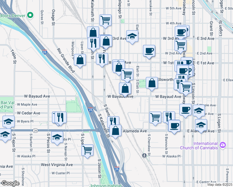 map of restaurants, bars, coffee shops, grocery stores, and more near in Denver