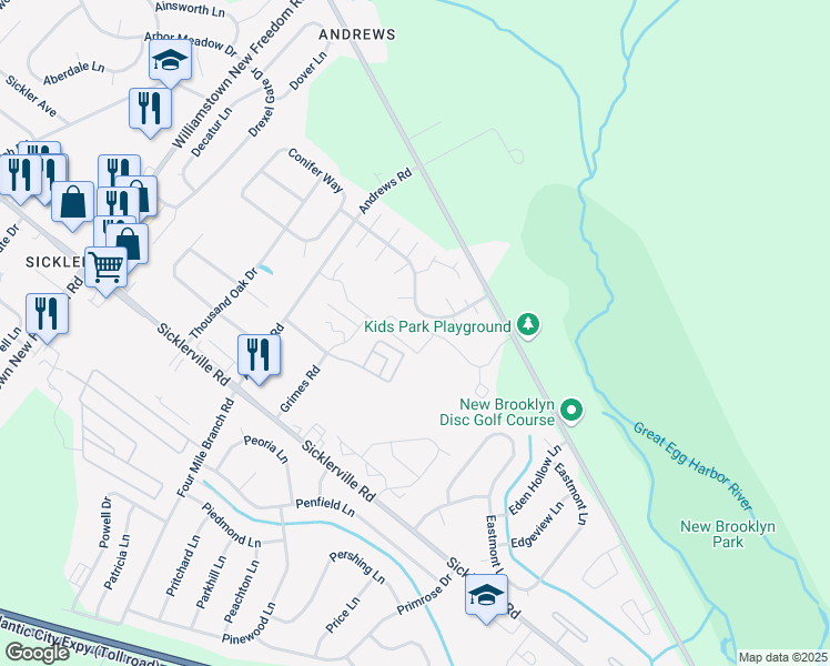 map of restaurants, bars, coffee shops, grocery stores, and more near 118 Lampart Avenue in Sicklerville
