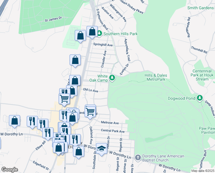 map of restaurants, bars, coffee shops, grocery stores, and more near 2601 Hilton Drive in Kettering