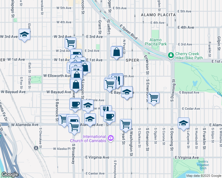 map of restaurants, bars, coffee shops, grocery stores, and more near 90 South Logan Street in Denver