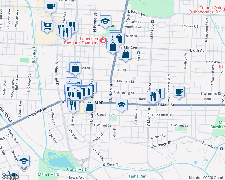 map of restaurants, bars, coffee shops, grocery stores, and more near 220 North High Street in Lancaster