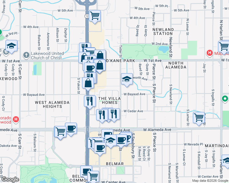 map of restaurants, bars, coffee shops, grocery stores, and more near 7285 West Maple Drive in Lakewood