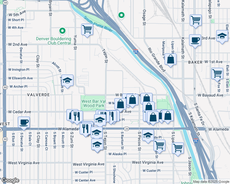 map of restaurants, bars, coffee shops, grocery stores, and more near 1600 West Archer Place in Denver