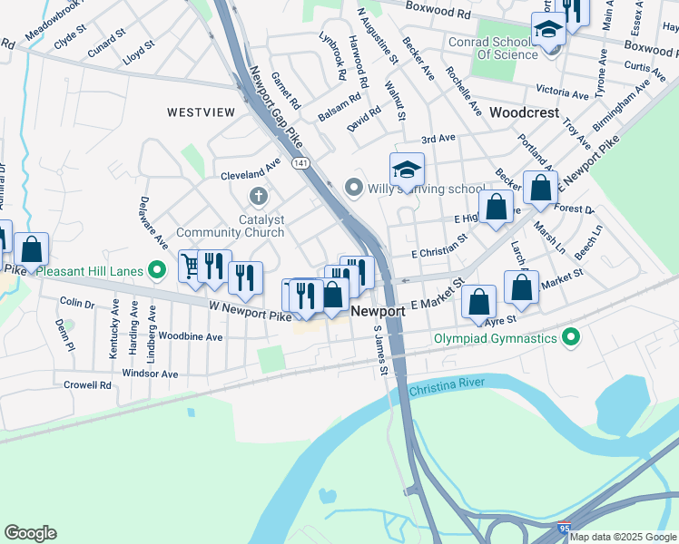 map of restaurants, bars, coffee shops, grocery stores, and more near 100 Ethan Drive in Newport