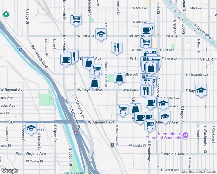 map of restaurants, bars, coffee shops, grocery stores, and more near 54 South Elati Street in Denver