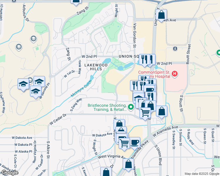 map of restaurants, bars, coffee shops, grocery stores, and more near 35 Van Gordon Street in Lakewood