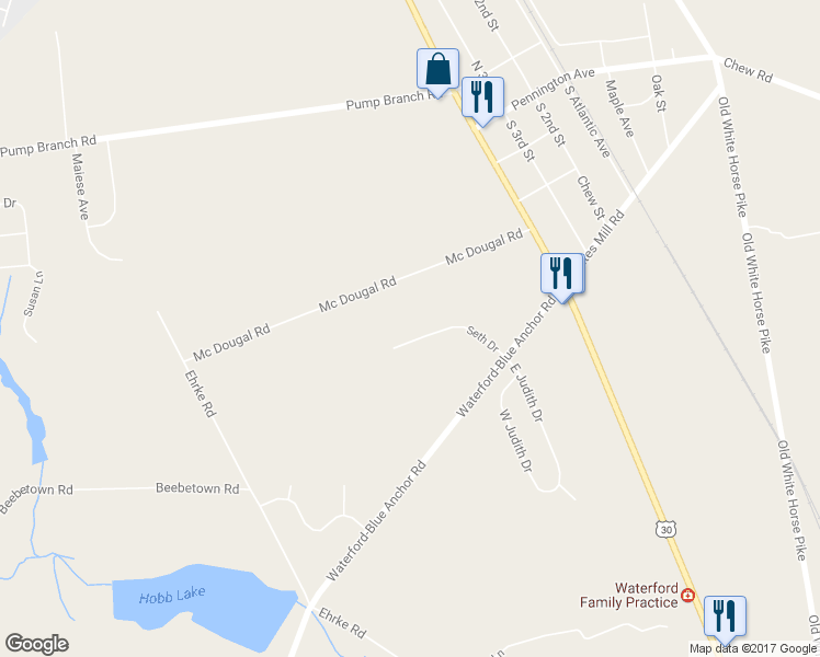 map of restaurants, bars, coffee shops, grocery stores, and more near 12 Seth Drive in Hammonton