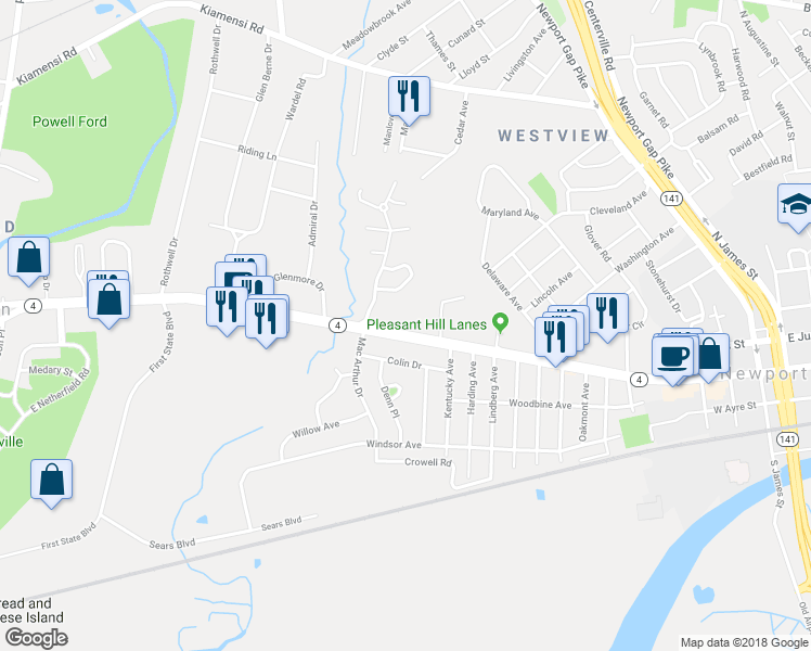 map of restaurants, bars, coffee shops, grocery stores, and more near 1401 West Newport Pike in Wilmington