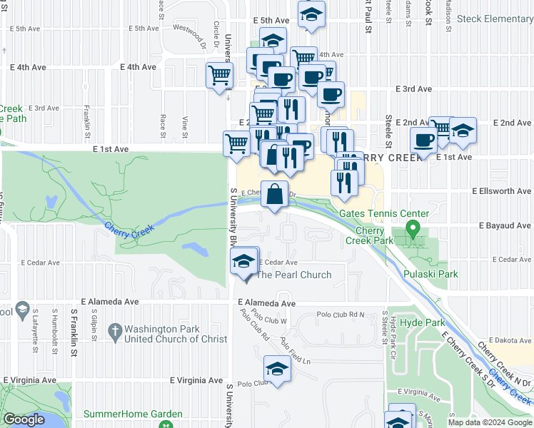 map of restaurants, bars, coffee shops, grocery stores, and more near 2500 Cherry Creek South Drive in Glendale