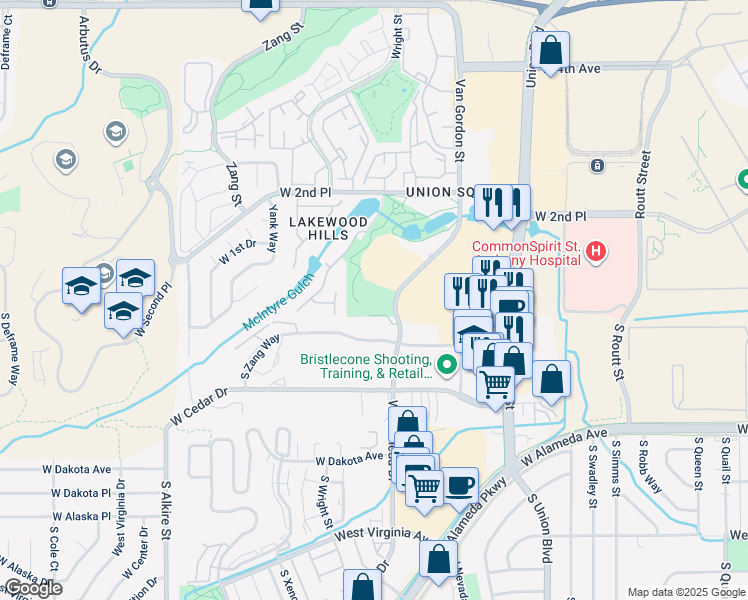 map of restaurants, bars, coffee shops, grocery stores, and more near 35 Van Gordon Street in Lakewood