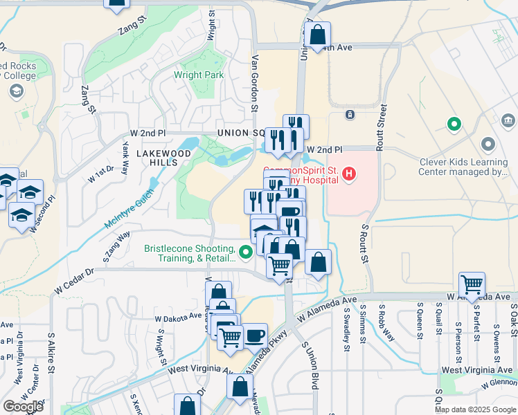 map of restaurants, bars, coffee shops, grocery stores, and more near 137 Union Boulevard in Lakewood