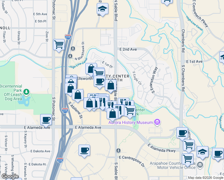 map of restaurants, bars, coffee shops, grocery stores, and more near 63 South Sable Boulevard in Aurora