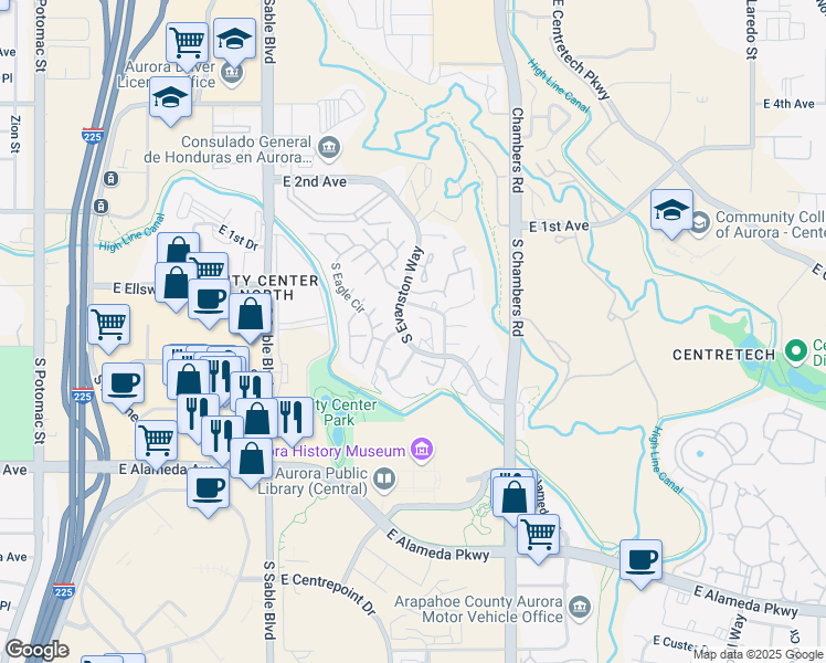 map of restaurants, bars, coffee shops, grocery stores, and more near 104 South Evanston Way in Aurora