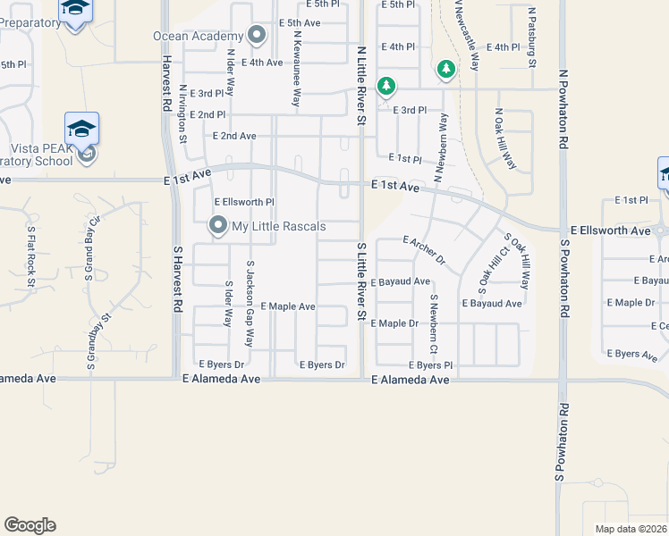 map of restaurants, bars, coffee shops, grocery stores, and more near 25521 East Bayaud Place in Aurora