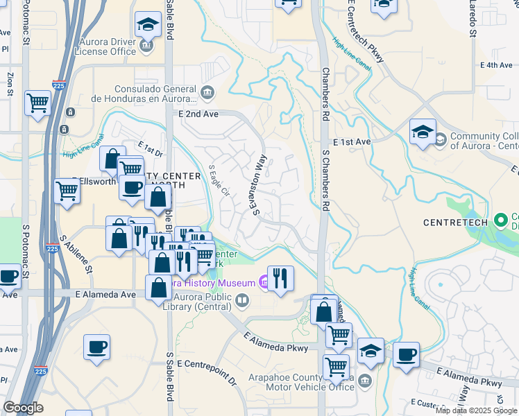 map of restaurants, bars, coffee shops, grocery stores, and more near 104 South Evanston Way in Aurora