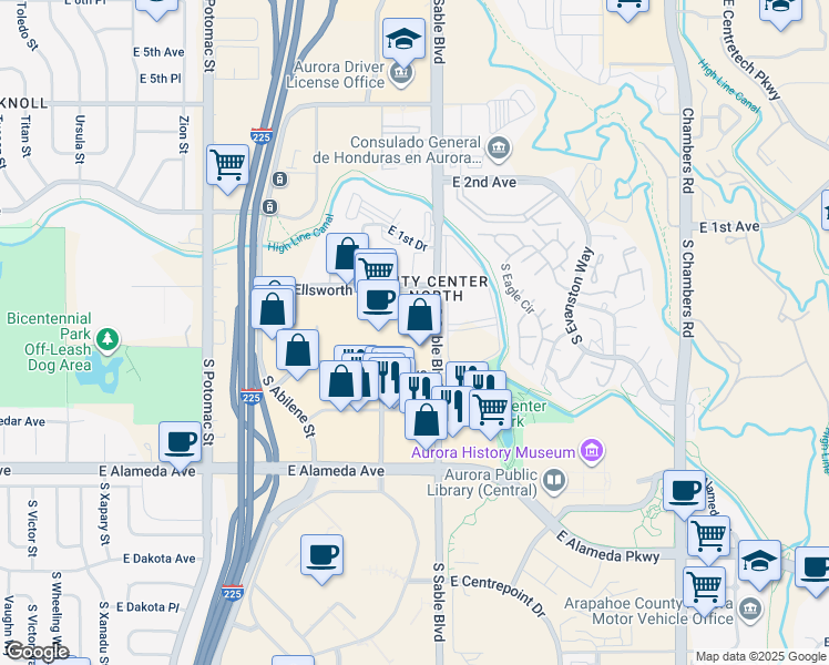 map of restaurants, bars, coffee shops, grocery stores, and more near 61 South Sable Boulevard in Aurora