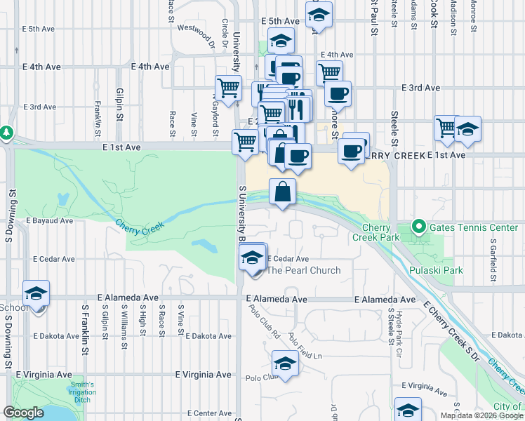 map of restaurants, bars, coffee shops, grocery stores, and more near 2400 Cherry Creek South Drive in Denver