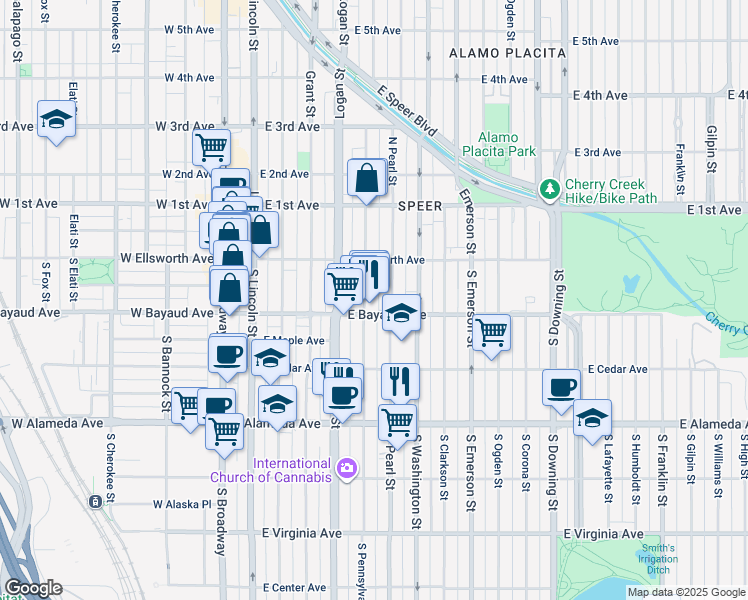 map of restaurants, bars, coffee shops, grocery stores, and more near 57 South Pearl Street in Denver