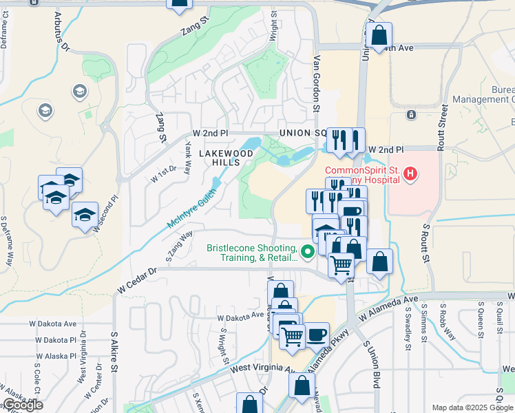 map of restaurants, bars, coffee shops, grocery stores, and more near 35 Van Gordon Street in Lakewood