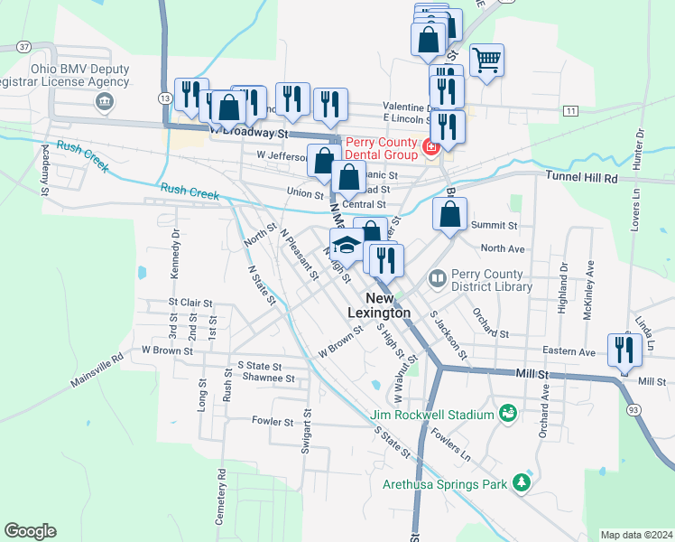 map of restaurants, bars, coffee shops, grocery stores, and more near 112 East Water Street in New Lexington