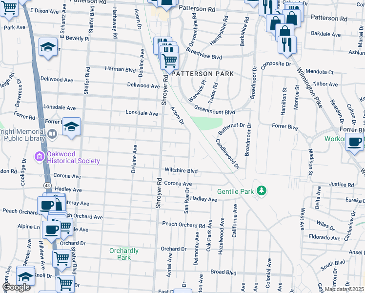 map of restaurants, bars, coffee shops, grocery stores, and more near 2302 San Rae Drive in Kettering