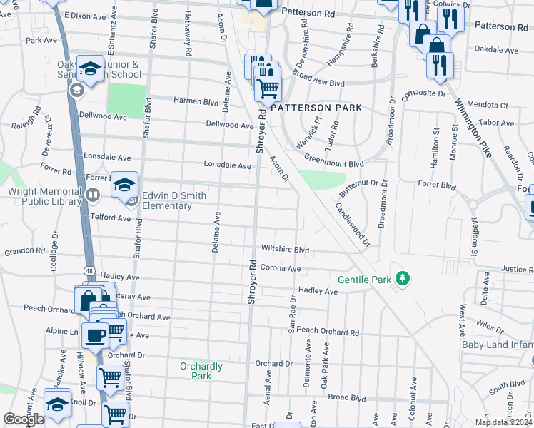 map of restaurants, bars, coffee shops, grocery stores, and more near 527 Aberdeen Avenue in Dayton