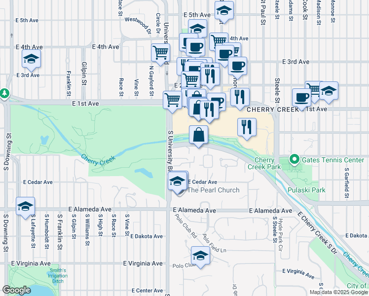 map of restaurants, bars, coffee shops, grocery stores, and more near 2400 Cherry Creek South Drive in Denver