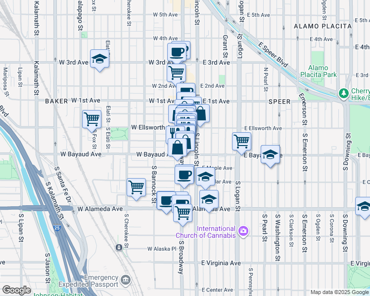 map of restaurants, bars, coffee shops, grocery stores, and more near in Denver