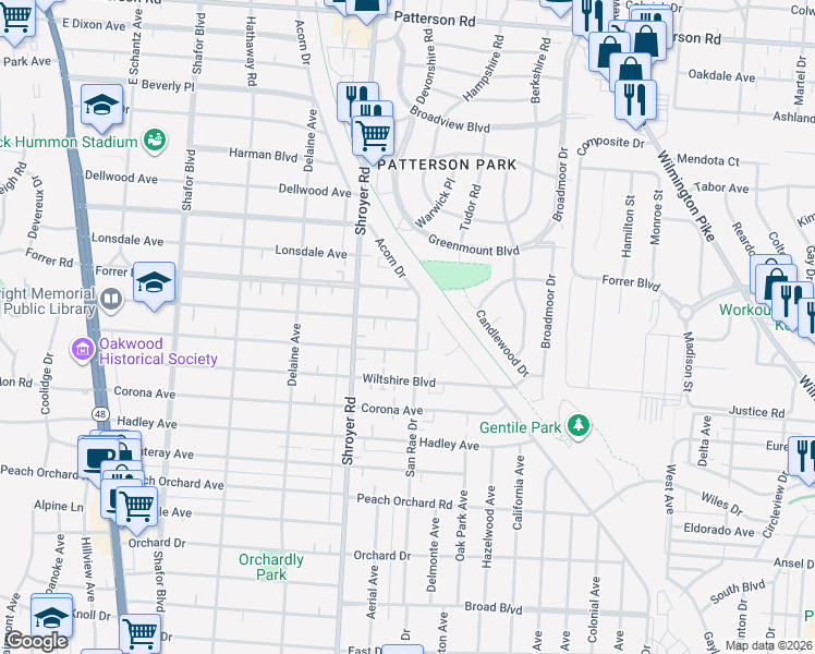 map of restaurants, bars, coffee shops, grocery stores, and more near 2302 San Rae Drive in Kettering