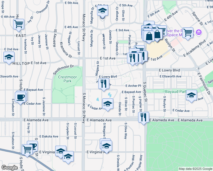 map of restaurants, bars, coffee shops, grocery stores, and more near 6807 East Archer Drive in Denver