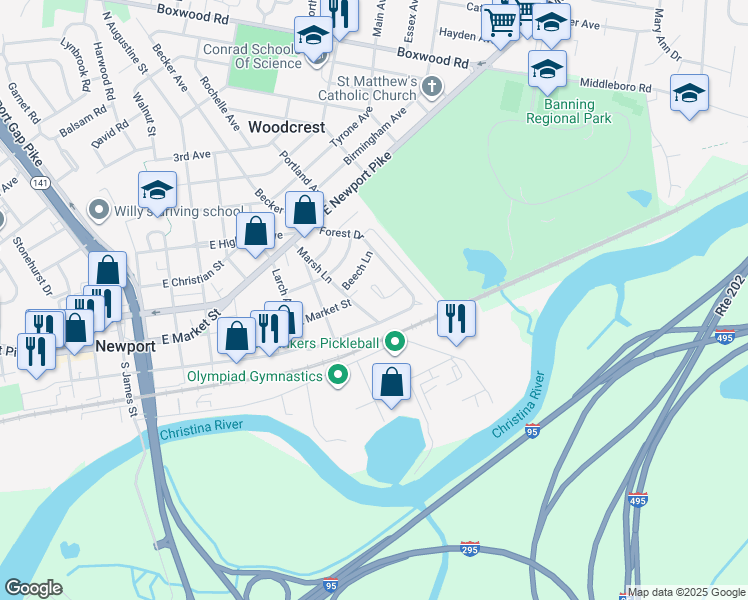 map of restaurants, bars, coffee shops, grocery stores, and more near 150 Maple Hill Road in Newport
