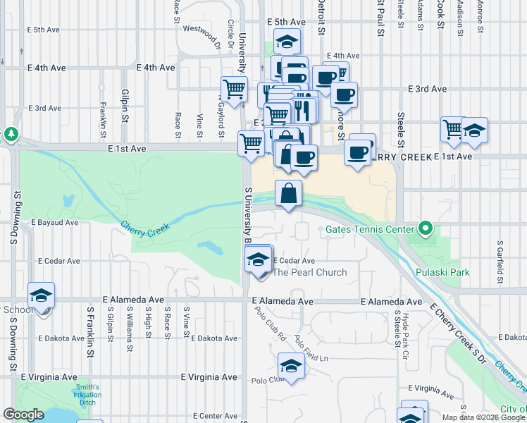 map of restaurants, bars, coffee shops, grocery stores, and more near 2400 Cherry Creek South Drive in Denver