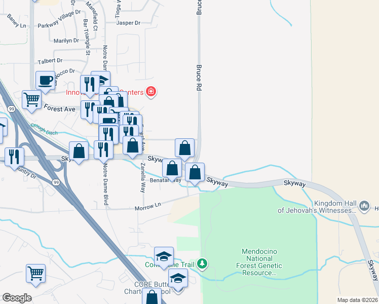 map of restaurants, bars, coffee shops, grocery stores, and more near 2490 Bruce Rd in Chico