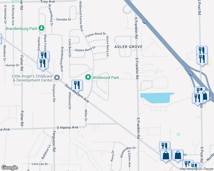 map of restaurants, bars, coffee shops, grocery stores, and more near 3640 Whistlewood Lane in Indianapolis