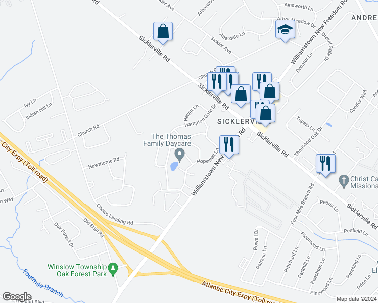 map of restaurants, bars, coffee shops, grocery stores, and more near 12 Harrington Lane in Camden County