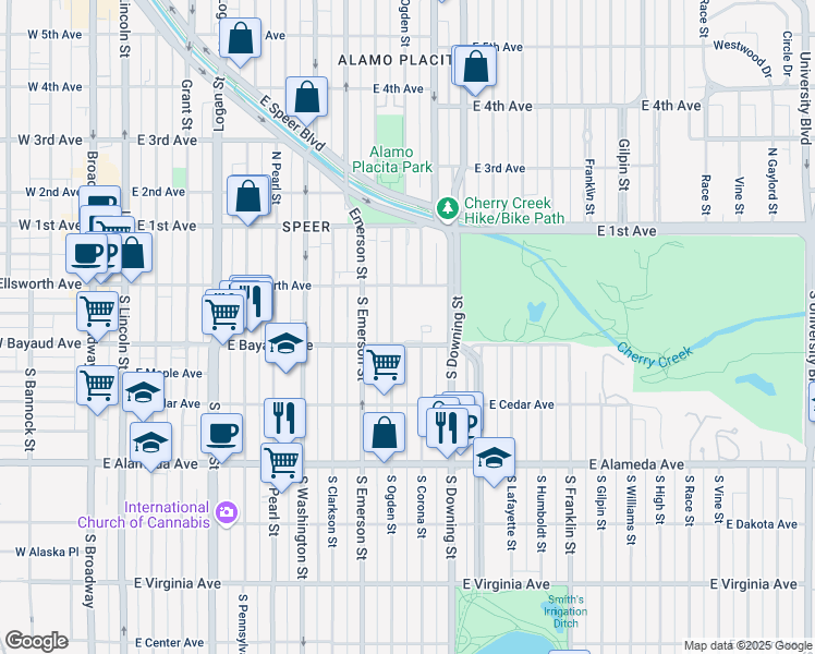 map of restaurants, bars, coffee shops, grocery stores, and more near 1001 East Bayaud Avenue in Denver